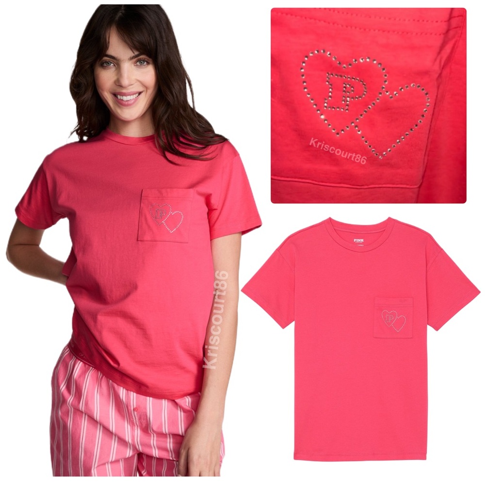 VS PINK Rhinestone Double Hearts Cotton Tee XL NEW WITH TAGS - Picture 8 of 11